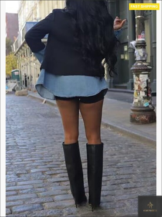 Denim Patchwork Blazer Slim Fit Business Casual Long Sleeve Lapel Jacket - Picture 3 of 7